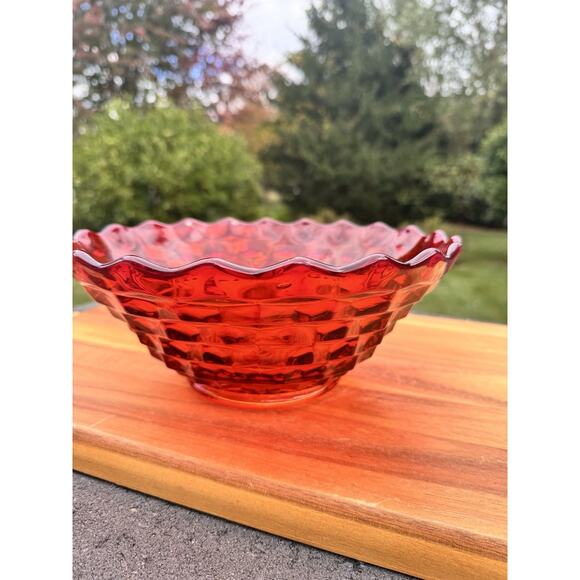 Vintage Fostoria Ruby Red Glass American Cube Pattern Fruit Bowl 10.75” - Picture 1 of 11